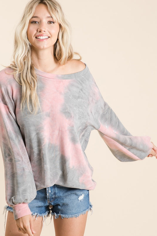 BIBI3- Ladies Tie Dye French Terry Knit Top With Balloon Sleeves