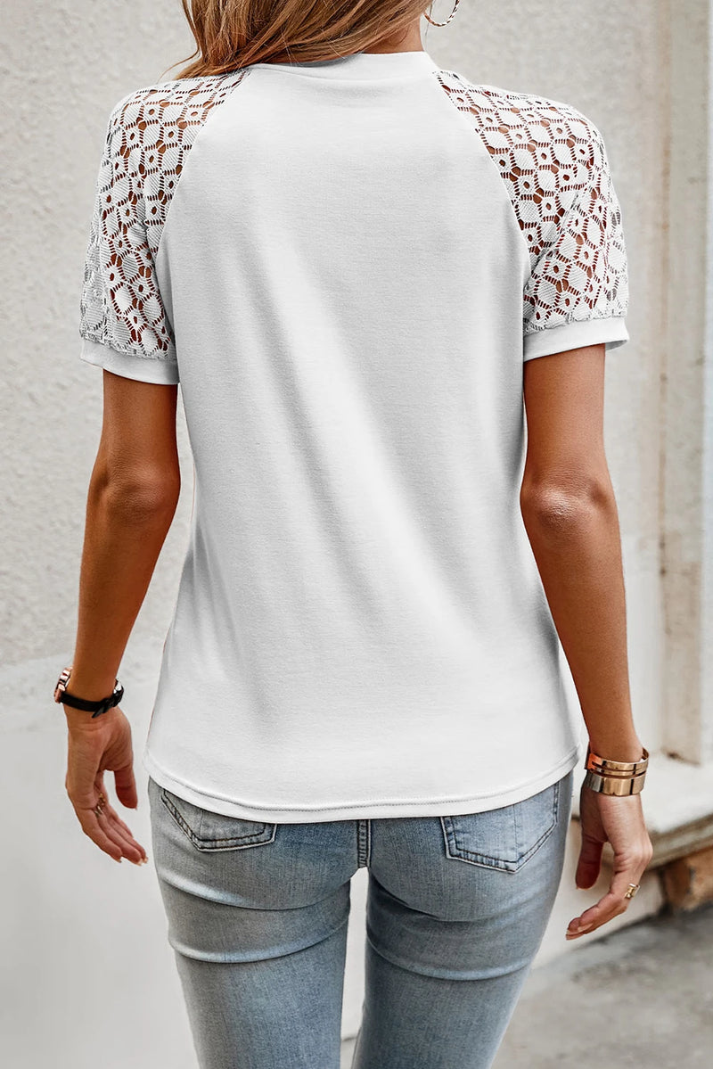 Load image into Gallery viewer, DLLS502 - Ladies White Seamed Detail Contrast Lace Raglan Sleeve Tee
