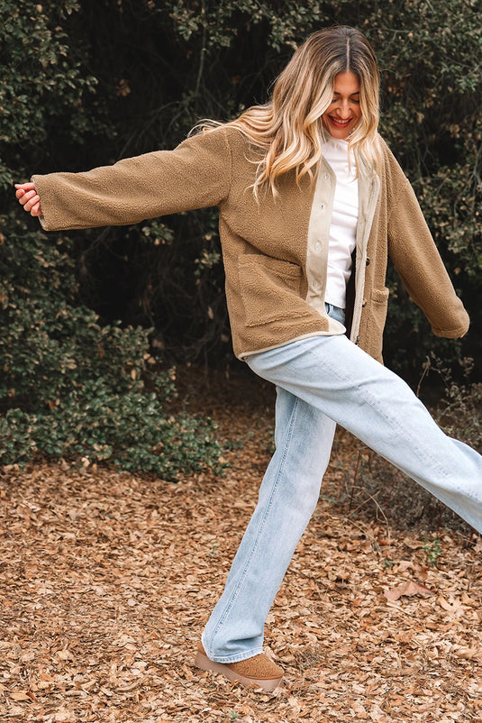 DLLS199 - Ladies Light French Beige Puffy Plush Corduroy Edge Patchwork Jacket with Big Pockets