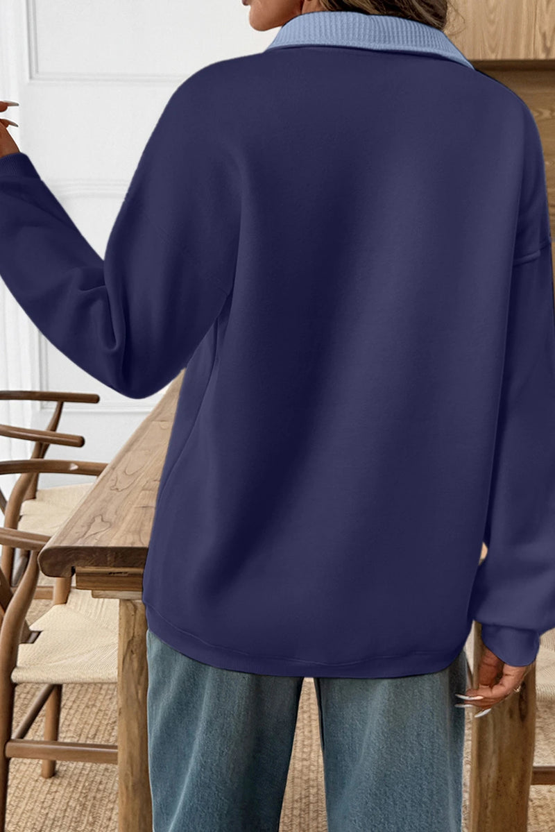 Load image into Gallery viewer, DLLS1120 - Ladies Blue Contrast Textured Placket Metal Button Pullover Sweatshirt
