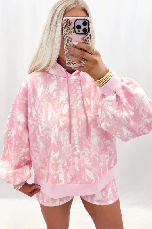 DLLS647 - Ladies Pink Long Sleeve Pullover Hoodie and Shorts Set with Elastic Waistband