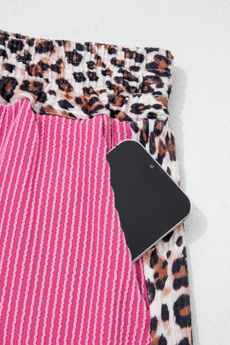 Load image into Gallery viewer, DLLS615 - Ladies Sachet Pink Leopard Trim Twist Ribbed Short Set
