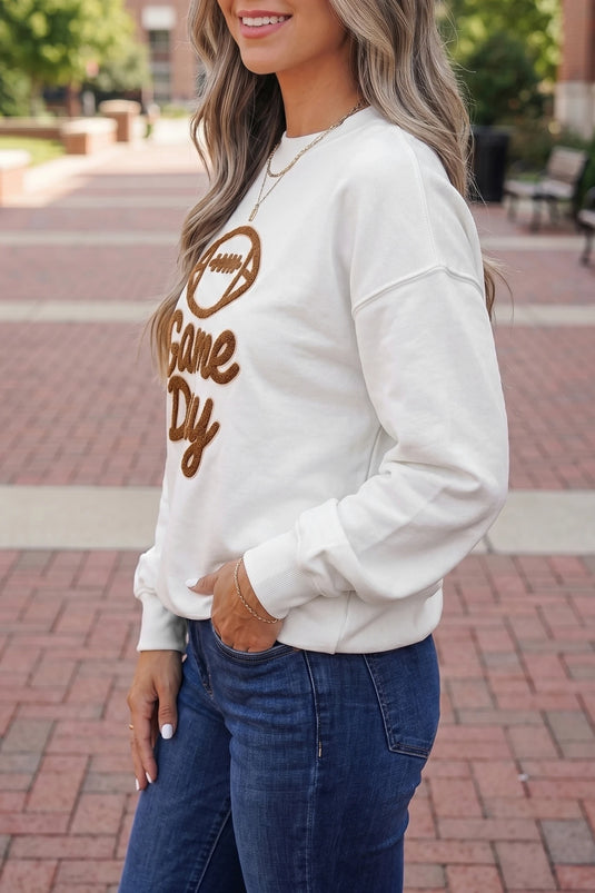 DLLS780 - Ladies White Embroidered Game Day Rugby Pattern Crewneck Sweatshirt