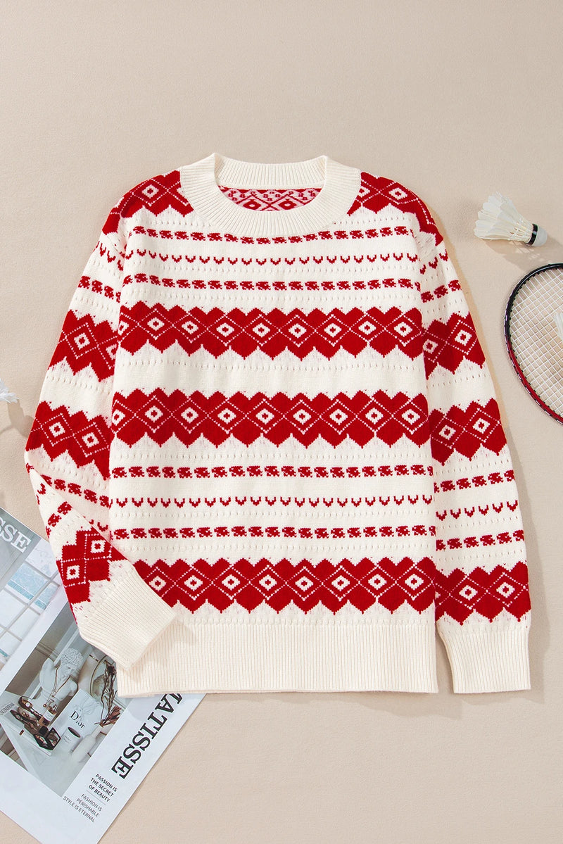 Load image into Gallery viewer, DLLS745 - Ladies White Western Geometric Patterned Crew Neck Loose Sweater
