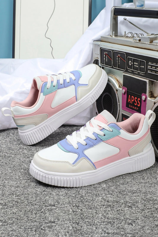 DLLSHOE 167 - Light Pink Color Block Stitched PU Leather Lace-Up Casual Sneakers
