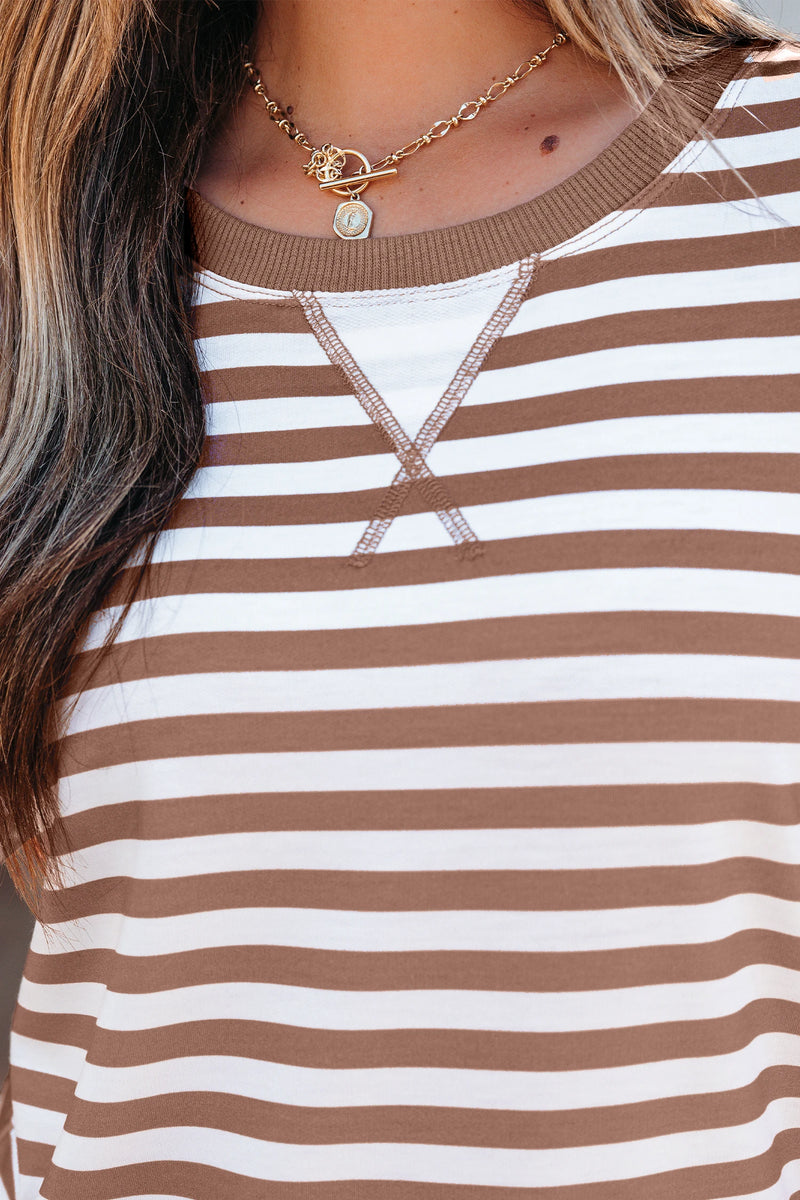 Load image into Gallery viewer, DLLS548 - Ladies Khaki Stripe Short Bubble Sleeve T Shirt
