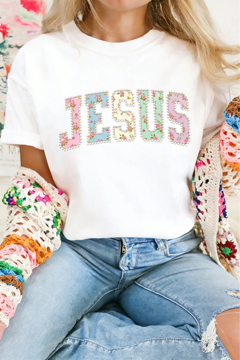 Load image into Gallery viewer, DLLS471 - Ladies White JESUS Floral Pearl Printed Letter Graphic Tee
