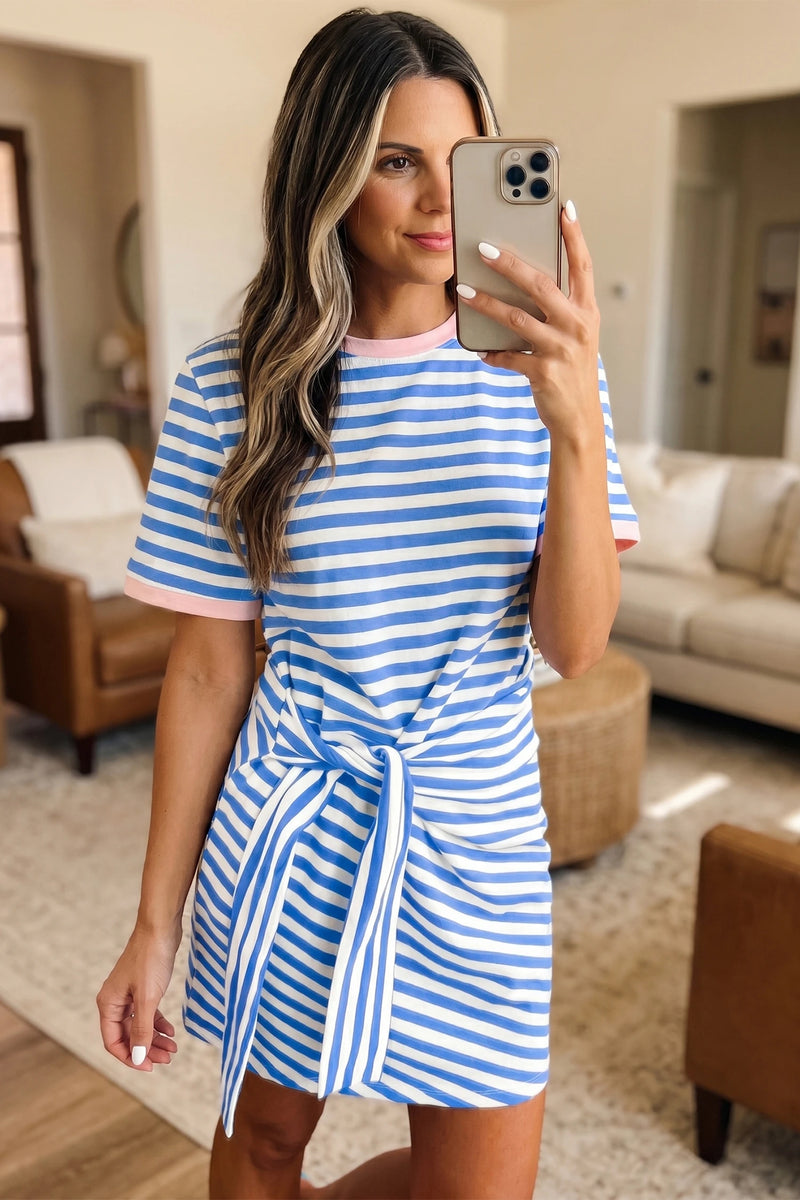 Load image into Gallery viewer, DLLS571 - Ladies Sky Blue Stripe Nautical Tie Contrast Trim Round Neck T Shirt Mini Dress
