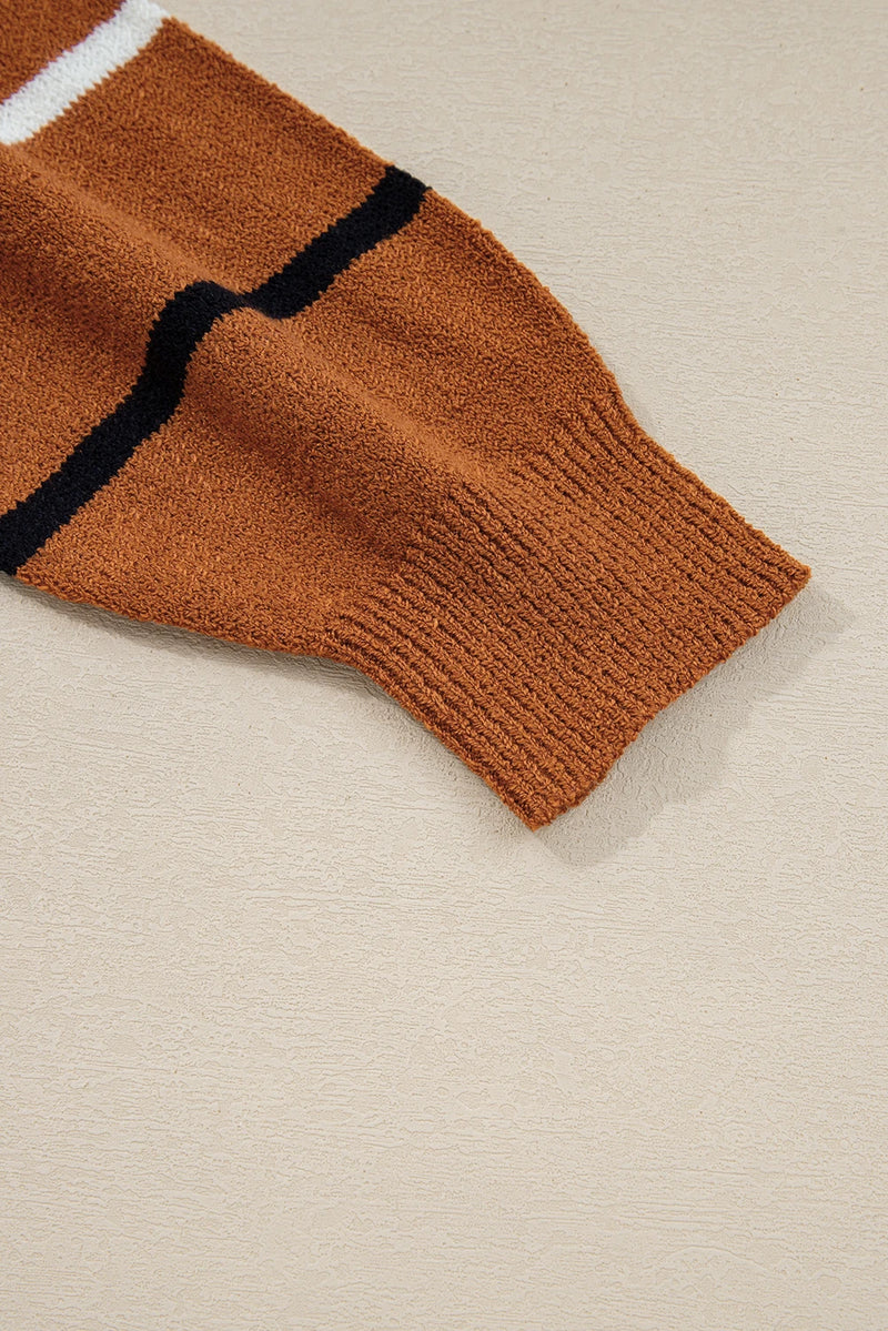 Load image into Gallery viewer, DLLS913 - Ladies Brown Stripe Striped Ribbed Edge Drop Shoulder Sweater
