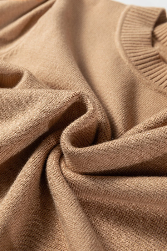 DLLS373- Ladies Light French Beige Solid Color Knit Short Puff Sleeve Sweater