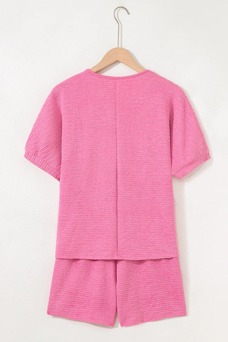 Load image into Gallery viewer, DLLS423 - Ladies Pink Textured V Neck T Shirt and Shorts Set
