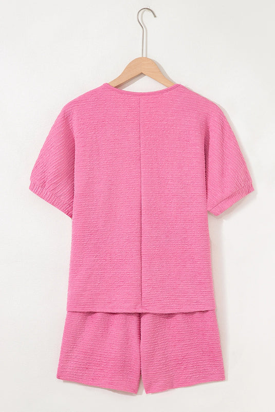 DLLS423 - Ladies Pink Textured V Neck T Shirt and Shorts Set