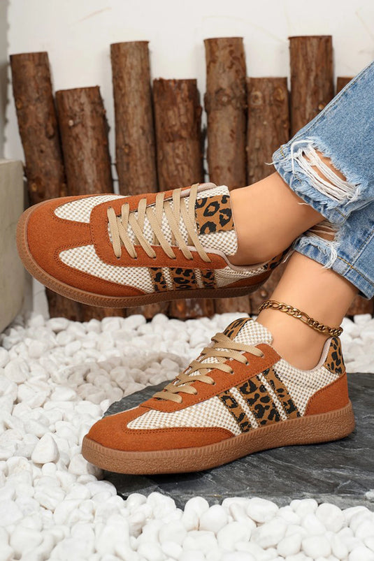 DLLSHOE 1 - Buckskin Checkered Leopard Color Block Patchwork Lace Up Sneakers
