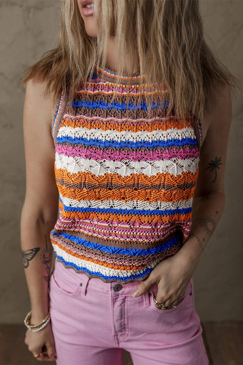 Load image into Gallery viewer, DLLS560 - Ladies Dark Blue Striped Textured Knit Crew Neck Sweater Vest
