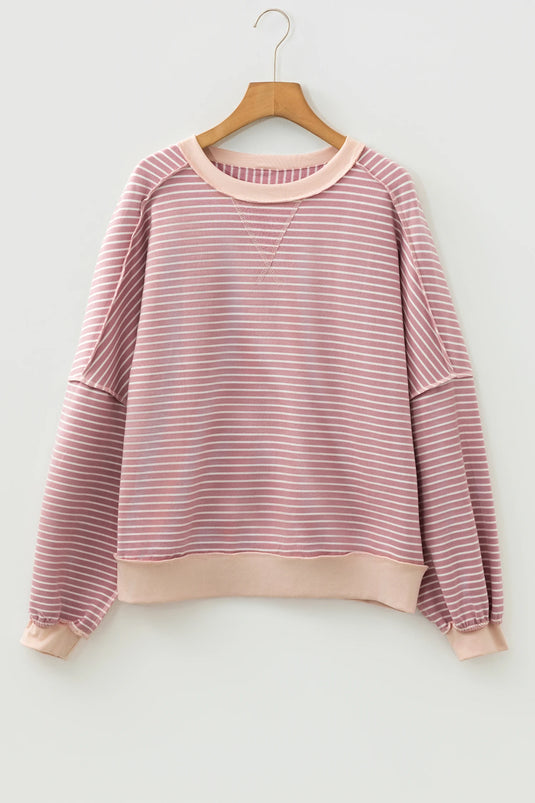 DLLS313 - Ladies Pink Stripe Exposed Stitching Patchwork Casual Long Sleeve Top