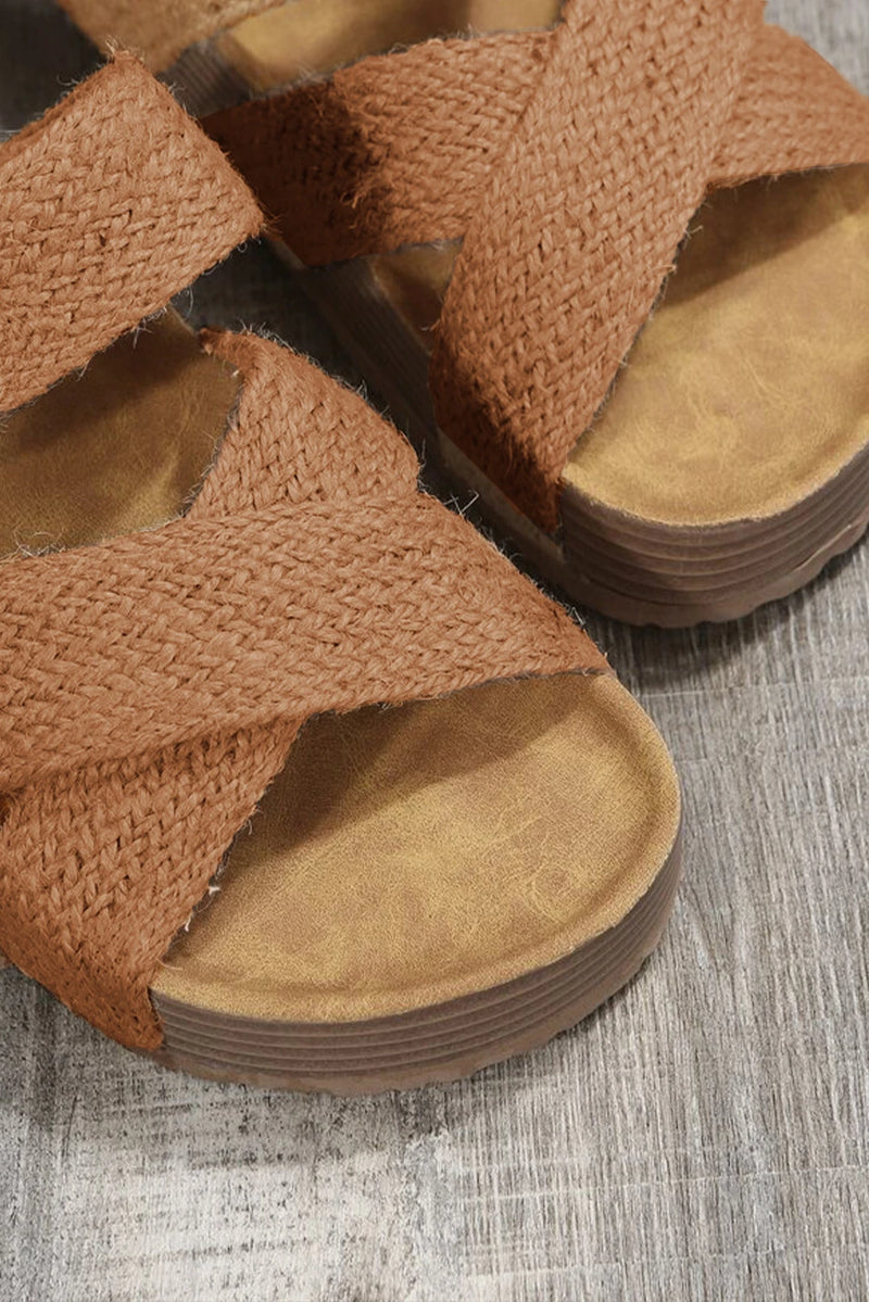 Load image into Gallery viewer, DLLSHOE 126 - Brown Woven Cross Criss Hollowed Slip-On Slippers

