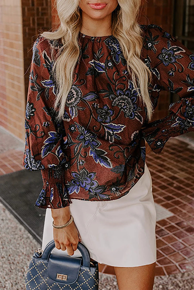 Load image into Gallery viewer, DLLS237 - Ladies Brown Autumn Floral Print Smocked Cuffs Shift Blouse
