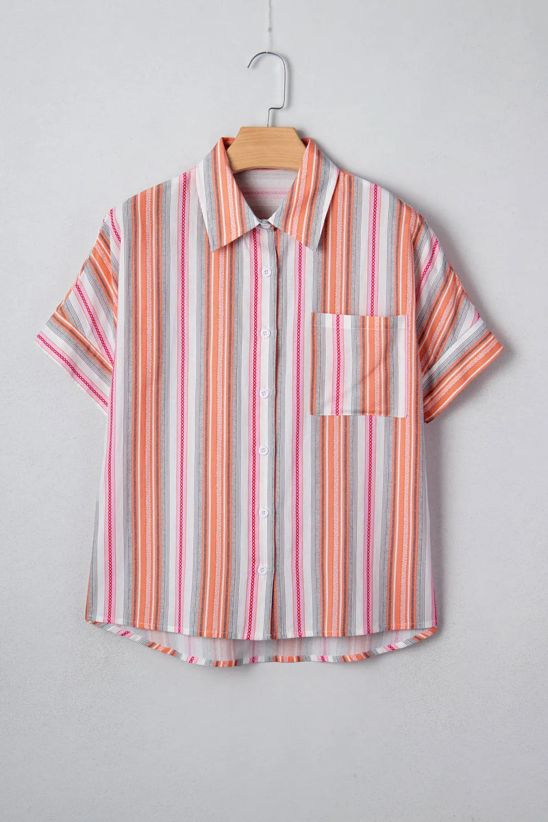 Load image into Gallery viewer, DLLS519 - Ladies Pink Stripe Button up Short Sleeve Shirt
