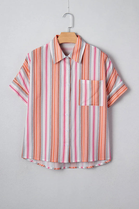 DLLS519 - Ladies Pink Stripe Button up Short Sleeve Shirt