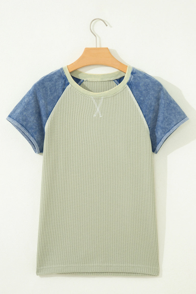 Load image into Gallery viewer, DLLS943 - Ladies Green Waffle Knit Seam Detail Color Block Patchwork Short Sleeve Top

