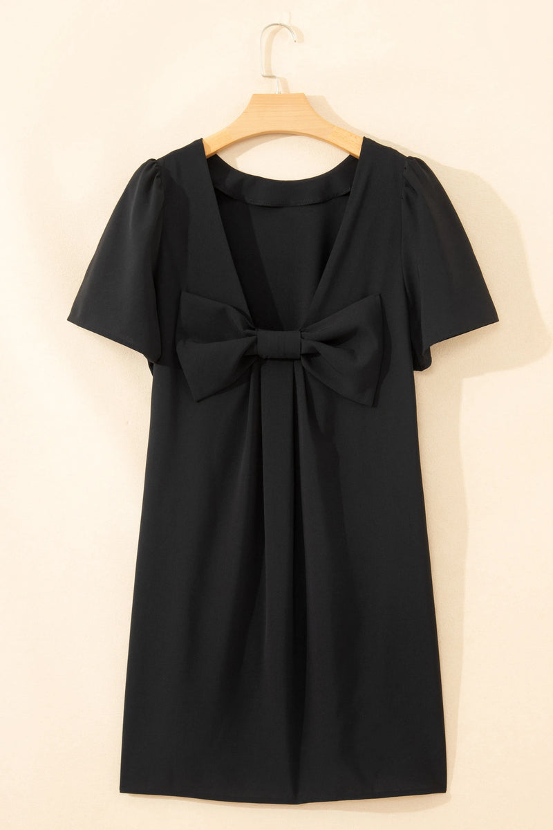 Load image into Gallery viewer, DLLS597 - Ladies Black Bow Decor Backless Short Sleeve Shift Mini Dress
