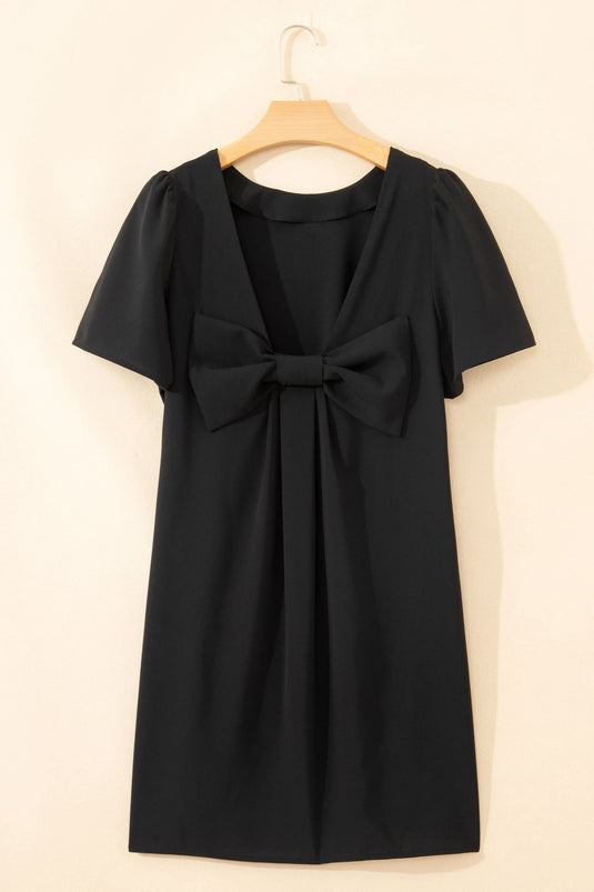 DLLS597 - Ladies Black Bow Decor Backless Short Sleeve Shift Mini Dress