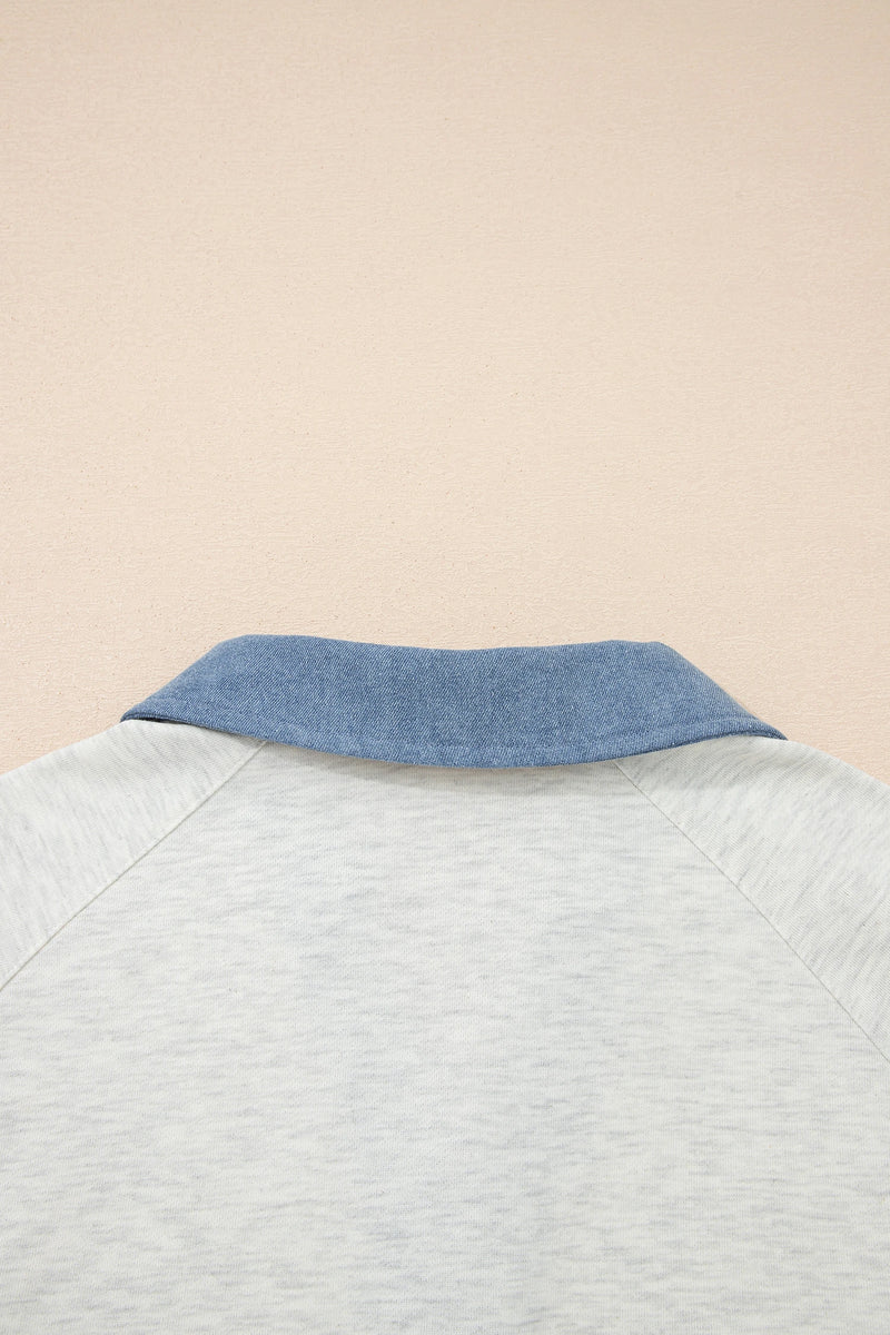 Load image into Gallery viewer, DLLS439 - Ladies Light Grey Denim Patchwork Buttoned Polo Collar Long Sleeve Top
