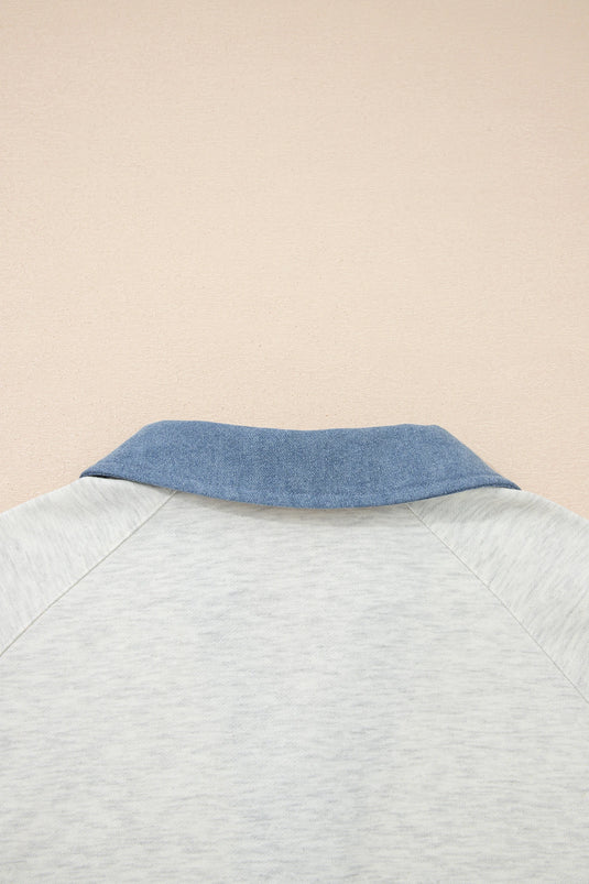DLLS439 - Ladies Light Grey Denim Patchwork Buttoned Polo Collar Long Sleeve Top