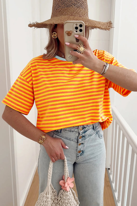 DLLS417 - Ladies Orange Stripe Contrast Crew Neck Drop Shoulder Loose Tee