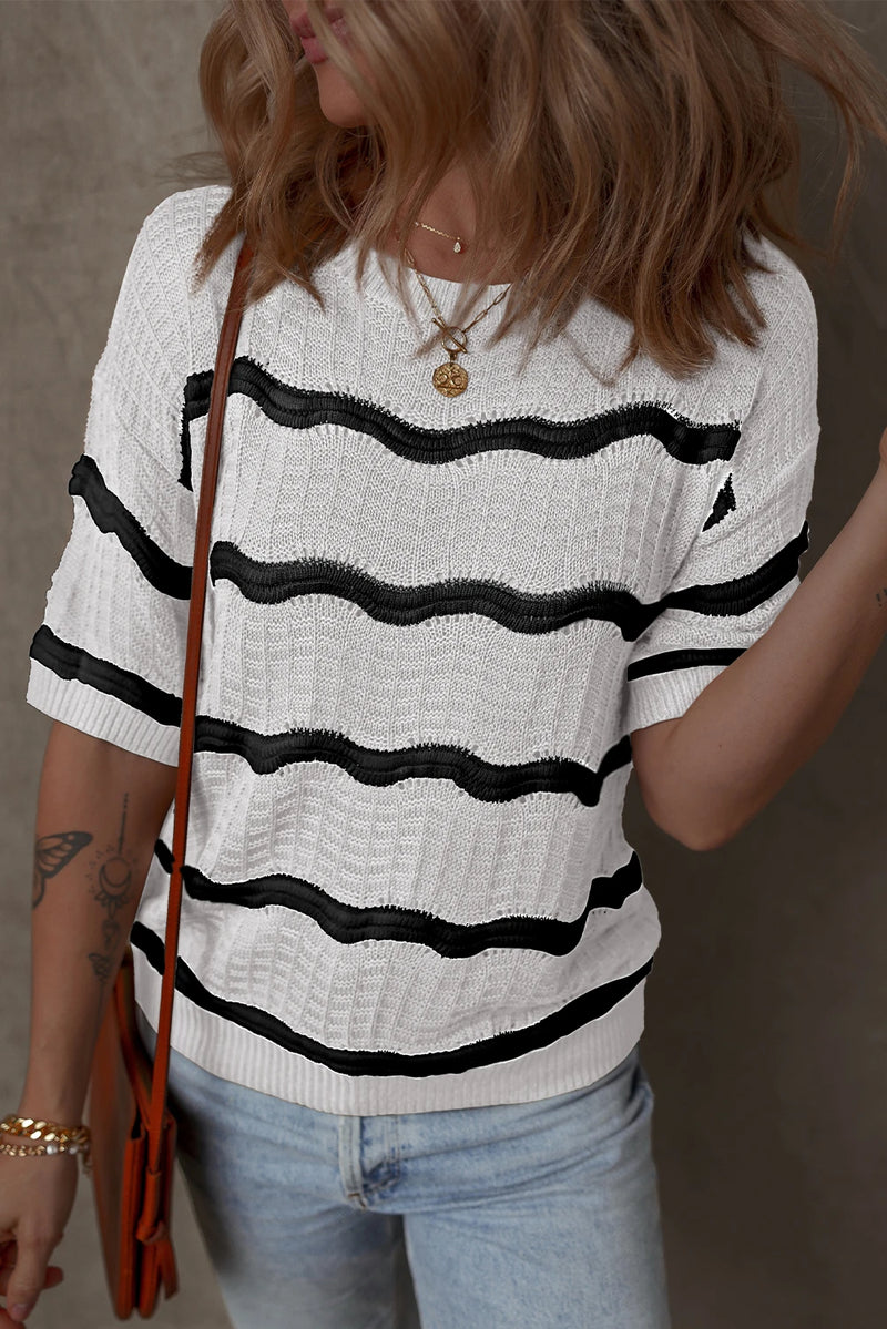 Load image into Gallery viewer, DLLS528 - Ladies White Stripe Wavy Textured Knit Half Sleeve Loose Sweater
