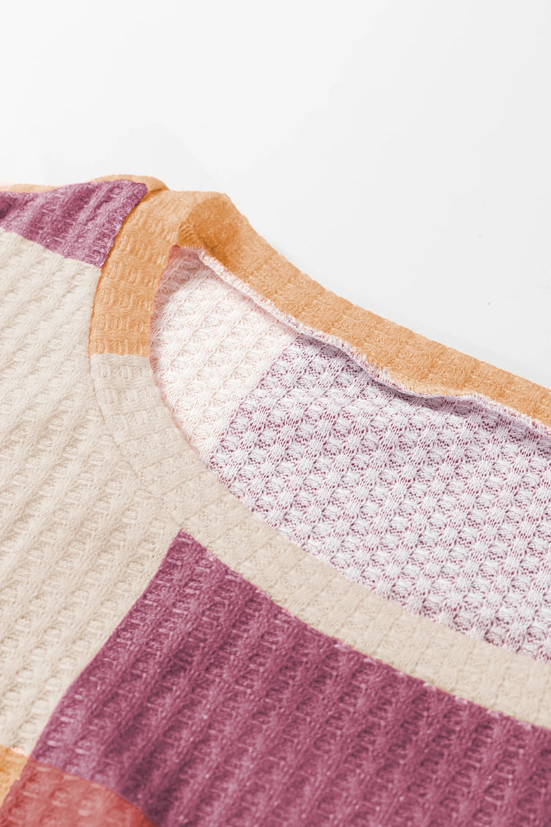 Load image into Gallery viewer, DLLS198 - Ladies Rose Red Checkered Print Textured Knit Long Sleeve Loose Top

