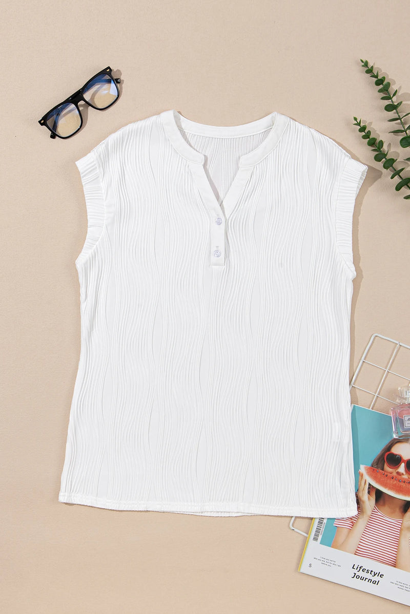 Load image into Gallery viewer, DLLS443 - Ladies White Wavy Textured Button V Neck Tee
