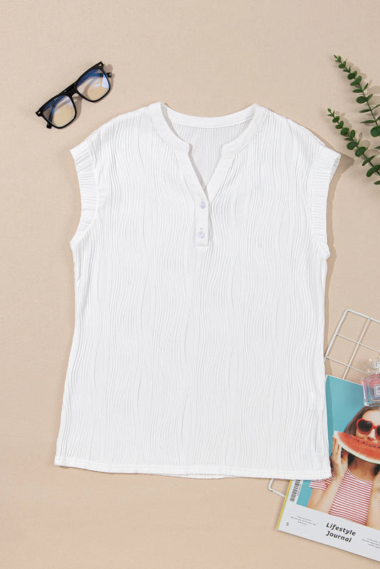 DLLS443 - Ladies White Wavy Textured Button V Neck Tee