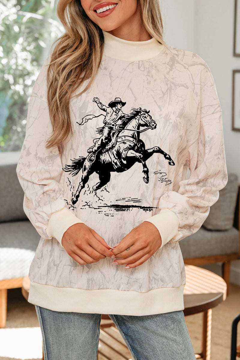 Load image into Gallery viewer, DLLS1017 - Ladies Khaki Western Rodeo Riding Print Tie-Dye Mock Neck Sweatshirt
