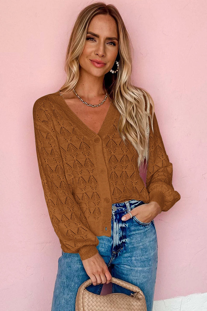 Load image into Gallery viewer, DLLS133 - Ladies Brown Lightweight Buttoned Front Crochet Cardigan
