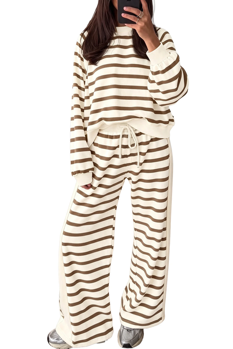 Load image into Gallery viewer, DLLS1092 - Ladies Khaki Stripe Relaxed Long Sleeve Top Color Block Detail Drawstring Pant Set
