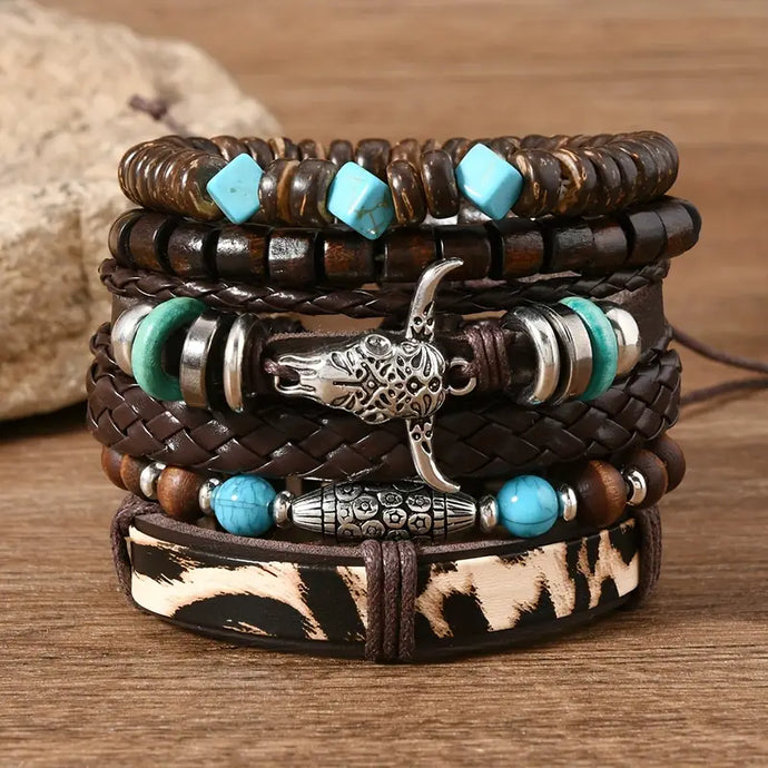 TMBC55 - 6 Piece PU Leather Bracelet Set W/Steer Head & Beads