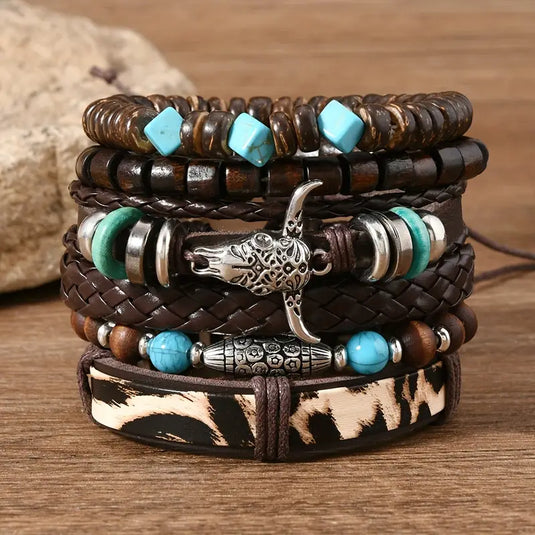 TMBC55 - 6 Piece PU Leather Bracelet Set W/Steer Head & Beads