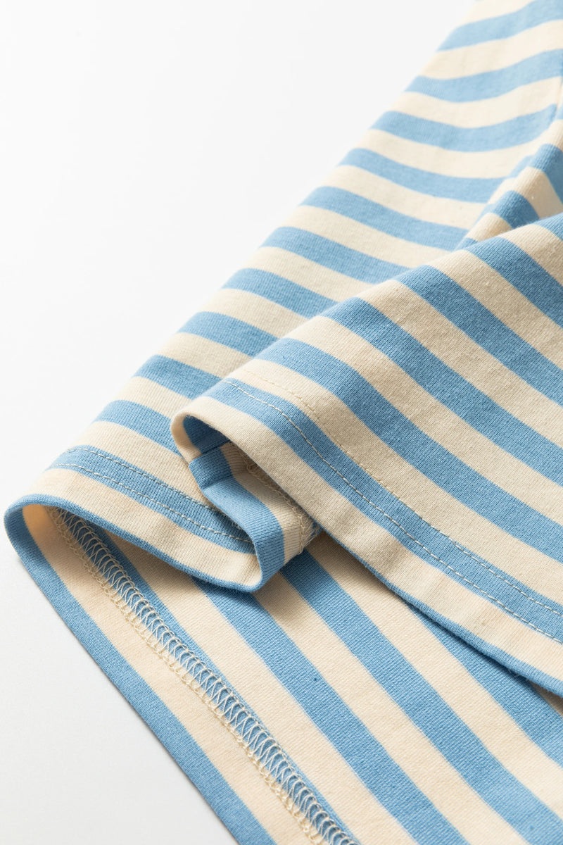 Load image into Gallery viewer, DLLS468 - Ladies Sky Blue Stripe Contrast Crew Neck Drop Shoulder Loose Tee
