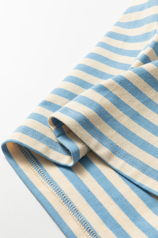 DLLS468 - Ladies Sky Blue Stripe Contrast Crew Neck Drop Shoulder Loose Tee