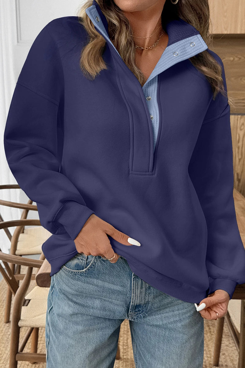 Load image into Gallery viewer, DLLS1120 - Ladies Blue Contrast Textured Placket Metal Button Pullover Sweatshirt
