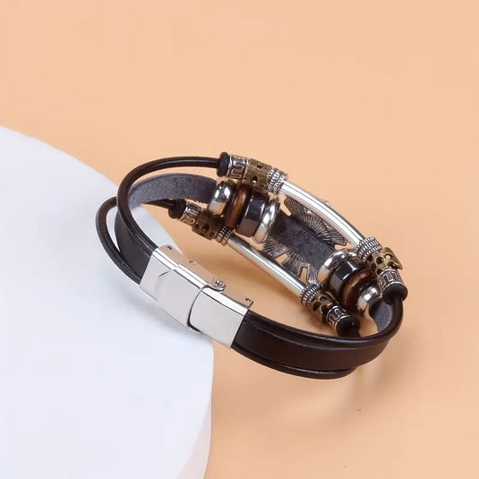 TMBC26 - Black Beaded PU Leather Bracelet w/Turq. Mosaic