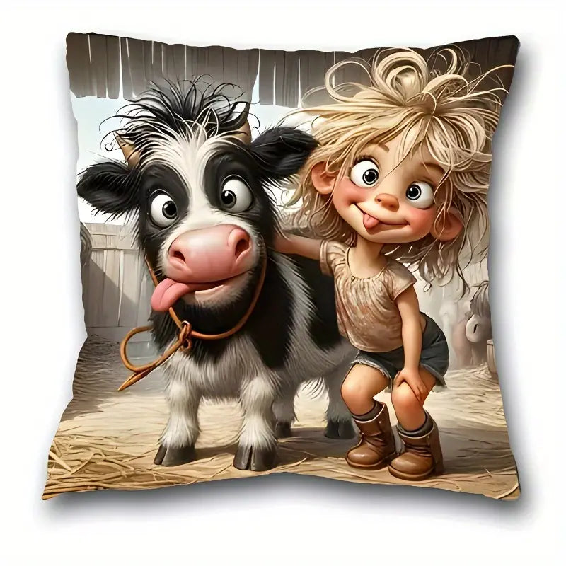 Load image into Gallery viewer, TMPL140 - 1 Piece - 18&quot; x 18&quot; Crazy Cow &amp; Girl Throw Pillow
