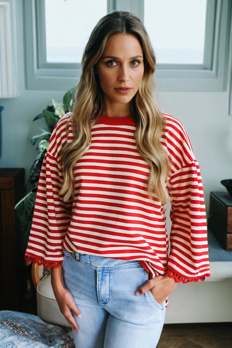 Load image into Gallery viewer, DLLS221 - Ladies Racing Red Striped Print Drop Shoulder Lace Trim Bracelet Sleeve Loose Top
