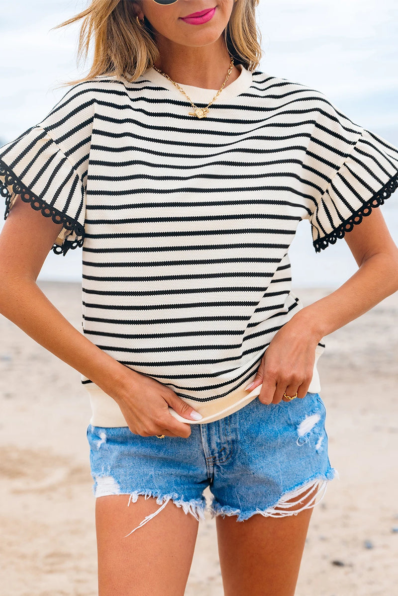 Load image into Gallery viewer, DLLS430 - Ladies Black Stripe Scallop Lace Trim Ruffle Short Sleeves Crewneck Top

