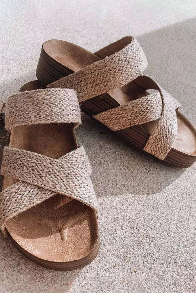 Load image into Gallery viewer, DLLSHOE 97 - Beige Woven Cross Criss Hollowed Slip-On Slippers
