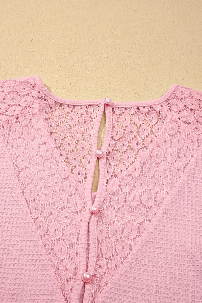 Load image into Gallery viewer, DLLS709 - Ladies Pink Lace Splicing Button Cutout V Neck Waffle Knit Blouse
