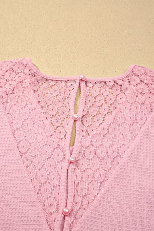 DLLS709 - Ladies Pink Lace Splicing Button Cutout V Neck Waffle Knit Blouse