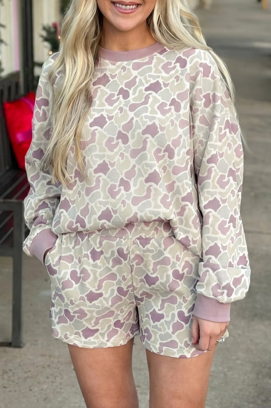 DLLS1049 - Ladies Green Camouflage Waffle Knit Long Sleeve Top Casual Shorts Set