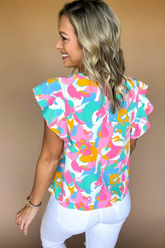 DLLS568 - Ladies Multicolor Abstract Print Notched Neck Flutter Sleeve Blouse